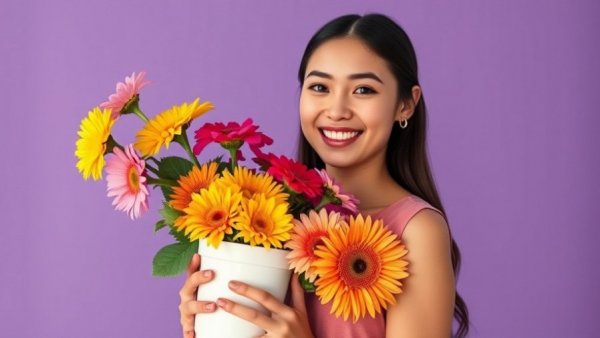 Cheerful woman showcasing vibrant flowers in a vase, how to extend the life of cut flowers tips.