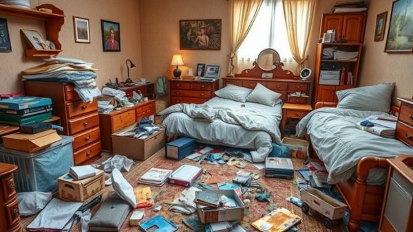 Cluttered bedroom before free cleaning for transformation videos.