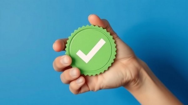 Hand holding green checkmark badge against blue background, symbolizing PFAS-free products.