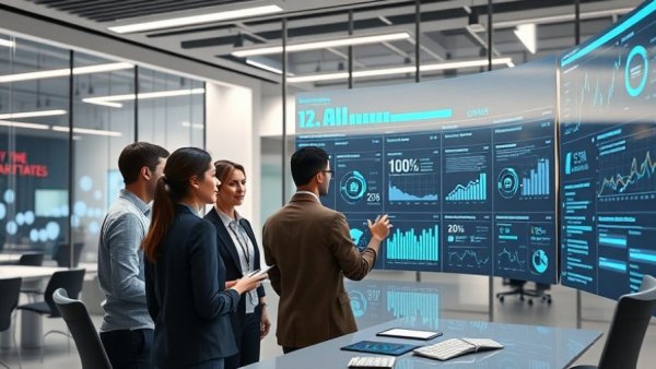 AI in Modern Marketing: Group analyzing data in sleek office.