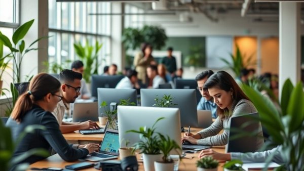 Diverse employees working in a modern office, illustrating AI impact on productivity.