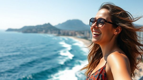 Joyful woman at seaside with Cape Town scenery, vibrant day.