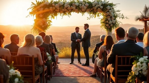 Outdoor wedding with two grooms exchanging vows under a floral arch, guests watching.