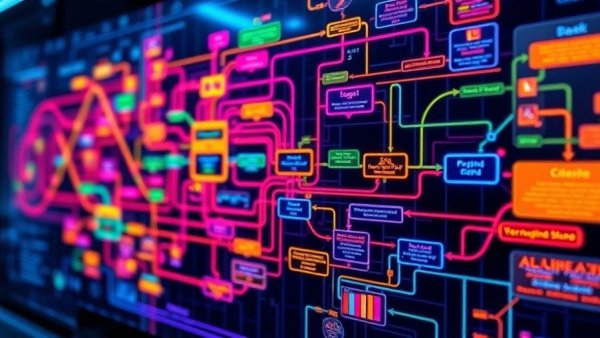 Digital flowchart with neon colors illustrating AI in construction.