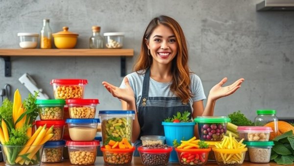 Colorful food containers and young woman in kitchen, best food containers for your needs.
