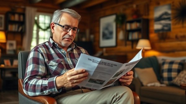 Middle-aged man reading in Camp David-style cozy room.