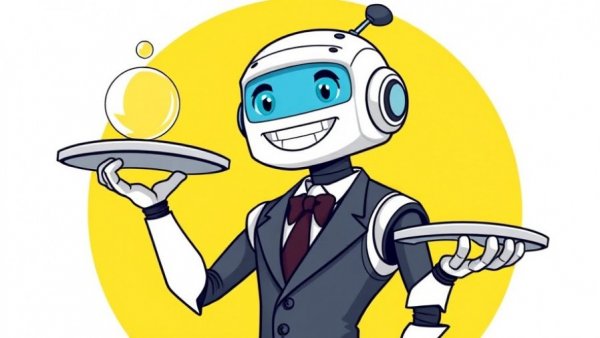 Cartoon robot serving, representing AI biases and decision-making.