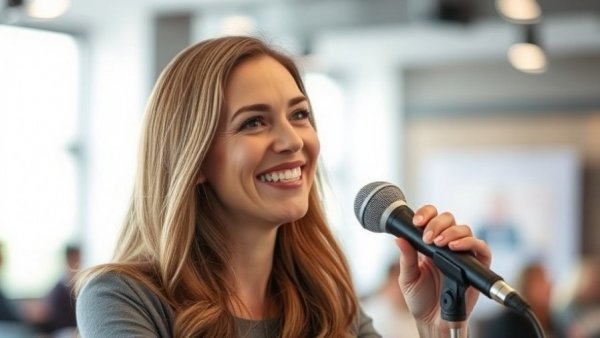Engaging woman speaking on a microphone indoors, friendly atmosphere