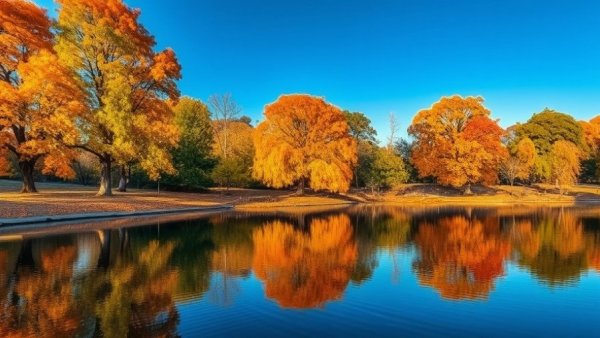 Tranquil autumn park scene with reflective pond and colorful trees.