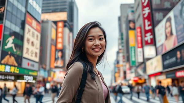 Affordable living in Tokyo: Young woman at Shibuya Crossing.
