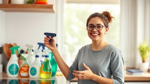 Young person showcasing ways to store your cleaning products on a countertop.