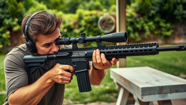 Person assessing bolt action rifle at shooting range.
