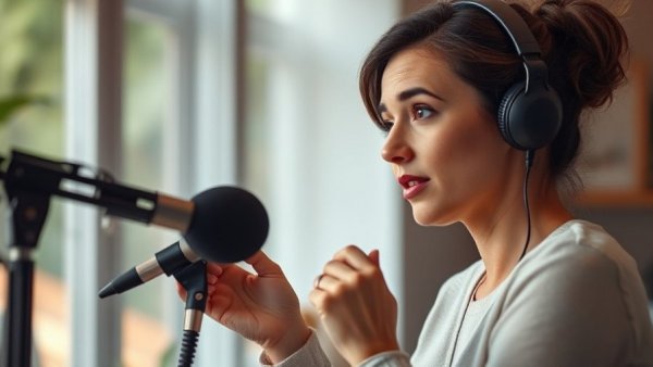 Thoughtful woman podcasting with microphone indoors, Harder + More = Better.