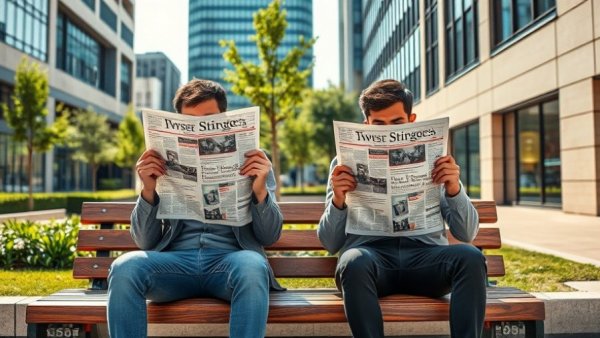 Sunny day with two people on a bench holding newspapers, related to Udemy Cyber Week 2023.