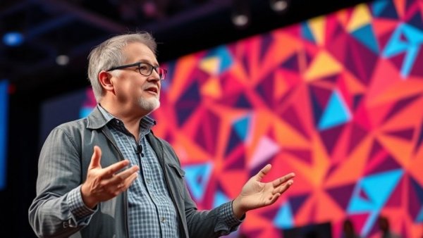 Middle-aged person discussing Cloudflare outage impact at tech conference.