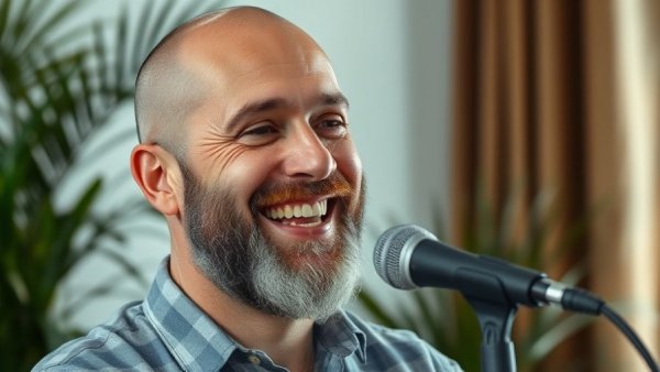 Smiling bald man speaking into microphone in indoor setting.