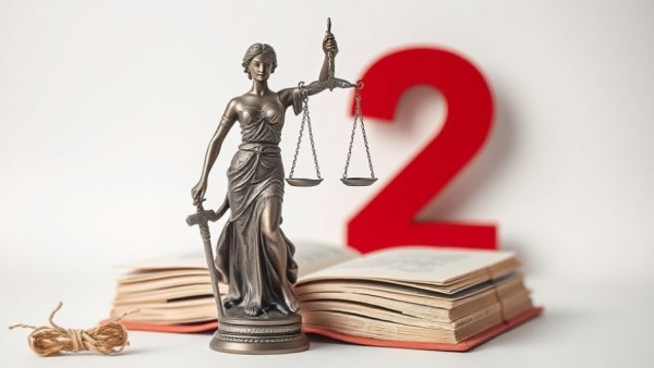 Classic Lady Justice statue on unwrapped book with red numeral 2 backdrop.