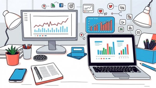 Digital workspace with gadgets illustrating social media strategy.