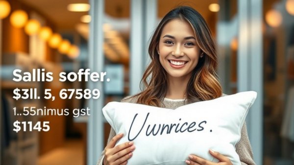 How to increase store sales: young woman with pillow outside shop.