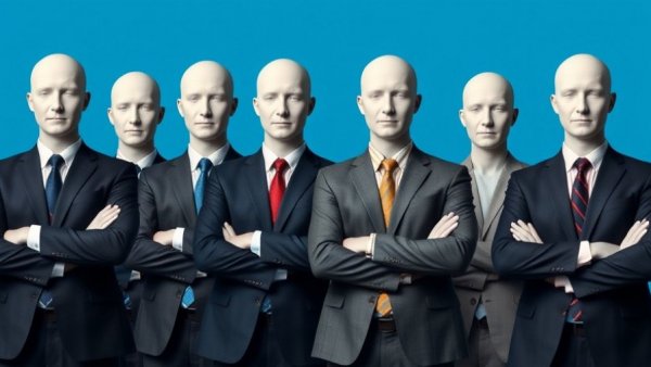 Surreal business figures in cold work environments, faceless, formal attire.