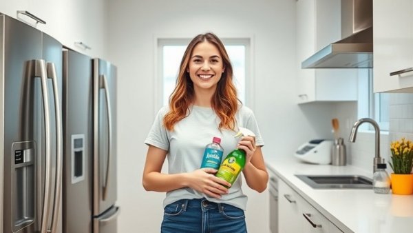 Essential cleaning products in modern kitchen setting