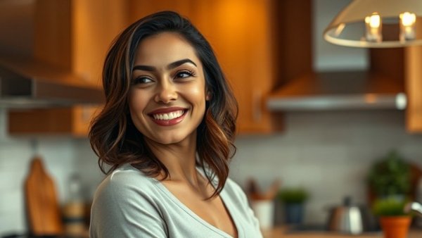 Confident woman in kitchen, smiling about mortgage relief strategies after job loss.