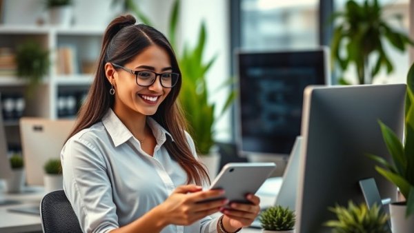 Professional woman in office using digital devices, vibrant setting.