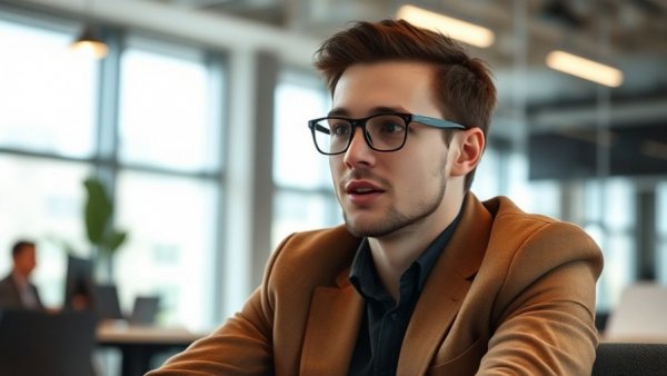 Young man discussing skills that actually help your life in office setting.