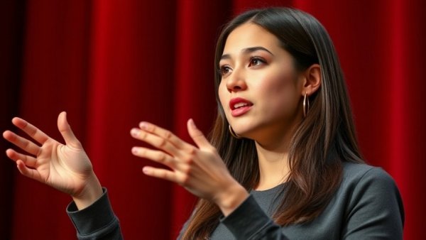 Young woman discusses pointless projects and their purpose on stage.