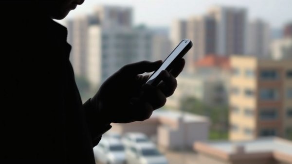 Silhouetted thoughtful individual with handheld device, urban setting.