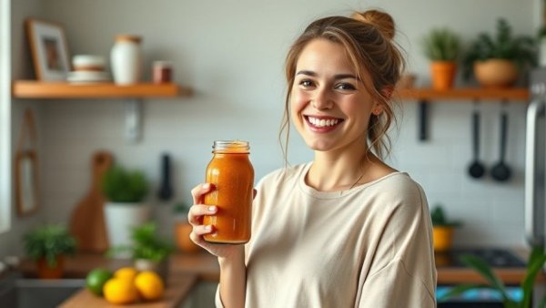 Smiling woman with smoothie in cozy kitchen, showcasing emotional intelligence for fitness leaders.