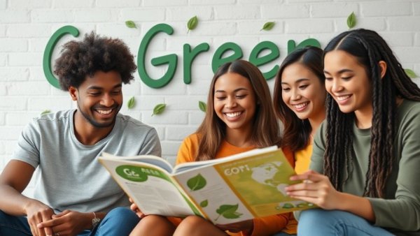 Diverse young adults under 'Go Green' sign, illustrating Green Colleges Sustainability.