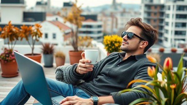 Relaxed man on rooftop with coffee enjoying the view.