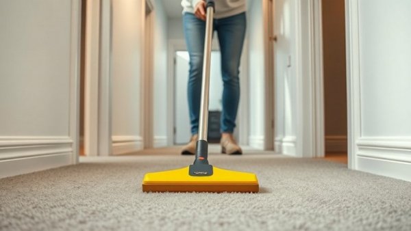 Person vacuuming hallway carpet with a yellow cleaner - Cleaning Tips for Pet Owners.