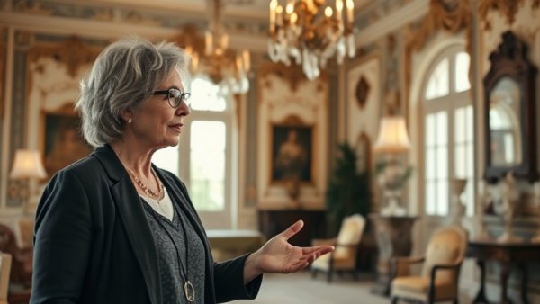 Woman discussing chateau bed and breakfast renovation in ornate room.
