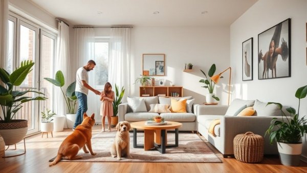 Bright living room with family, pets cleaning, warm vibe.