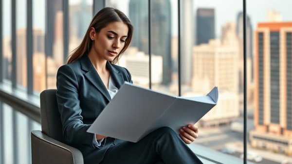 Professional woman reviewing portfolio for personal branding strategies.
