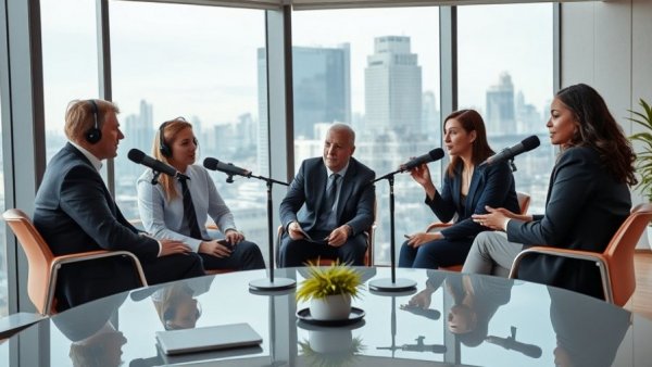 Business professionals recording a podcast for B2B podcast revenue generation.