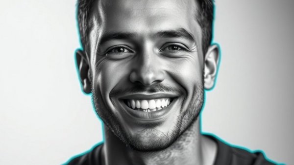 Monochrome portrait of a smiling male with colorful outline.