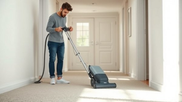 Landlord cleaning carpet in bright hallway with machine.