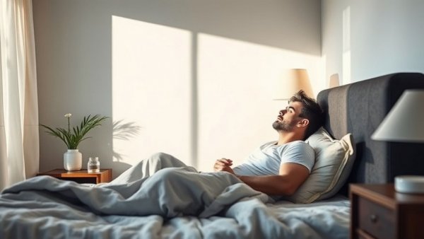 Cozy bedroom scene, person relaxed after waking up, 2-Minute Morning Habit.