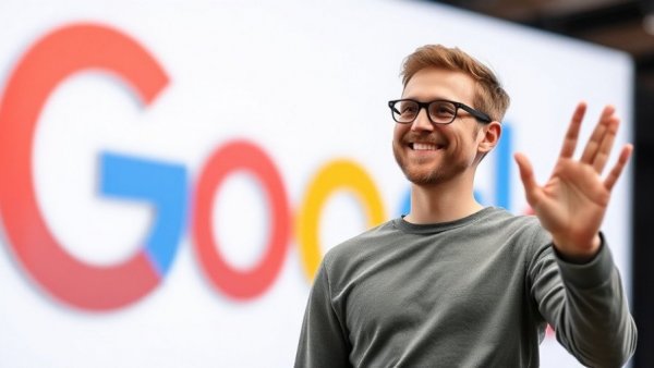 Smiling man waving on stage with Google logo, vibe coding atmosphere.