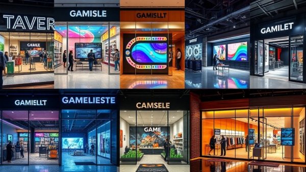 Collage of gamified storefronts with interactive designs and digital features in retail settings.