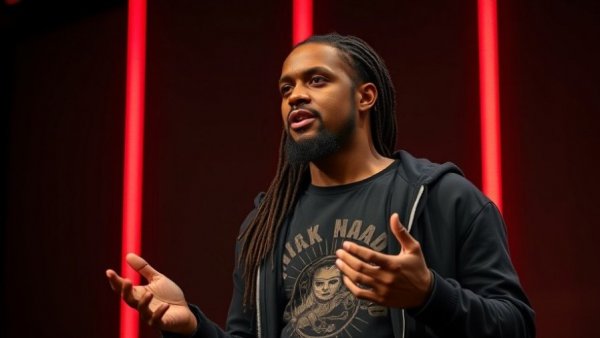 Man speaking passionately on controlling our food, red-lit stage