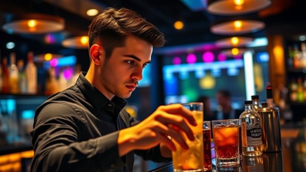 Young bartender meticulously crafting cocktails in a stylish bar, reflecting Gen Z drinking habits.