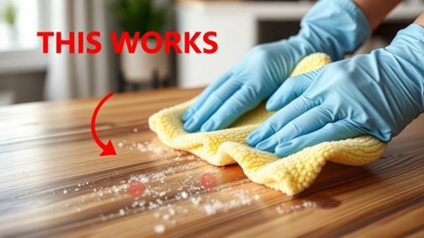 Effective dusting technique on wooden surface, gloved hands, microfiber cloth.