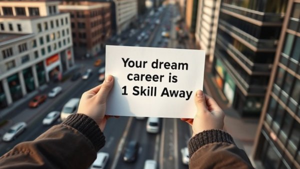 Motivational sign 'Your Dream Career is 1 Skill Away' held over cityscape.