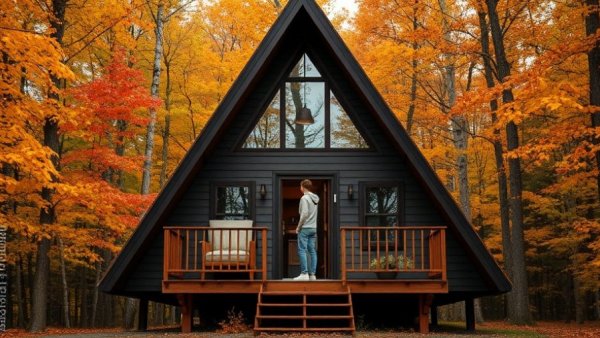 Modern cabin in autumn forest as a luxury rental investment strategy.