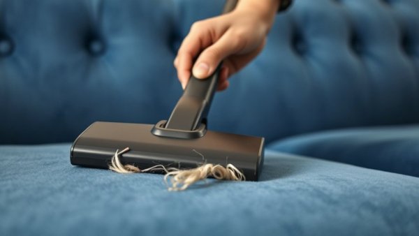 Vacuuming dog hair off blue couch, cleaning dog hair off a couch.