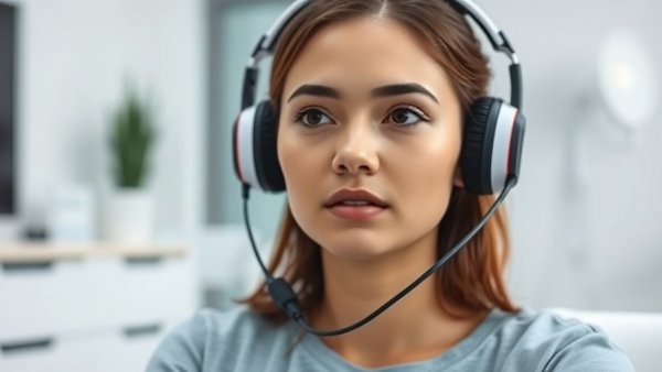 Young woman using electrotherapy headset in clinical setting.